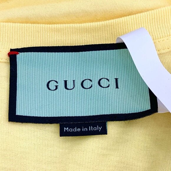 Gucci Yellow Apple Logo Print Round Neck Short Sleeve T-Shirt Made In Italy - Picture 5 of 7